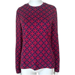 BROOKS BROTHERS Knit Top Long Sleeve Trellis Print Round Neck Red Navy Blue